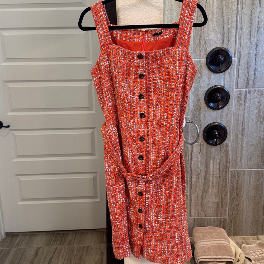 NWT Ann Taylor Orange Square Neck Tweed Button Sheath Dress Size 8